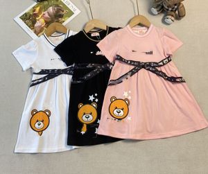 Vestido de manga curta das meninas com fita verão bebê menina desenho animado urso pescoço redondo saia de princesa A-line Saias