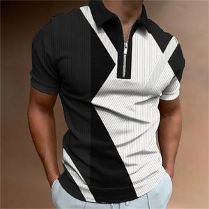 Men Polo Shirts Summer High Tops Tshirts Quality Casual Daily Short Sleeve Striped Mens Turndown Collar Dragkedjor TEES 240423