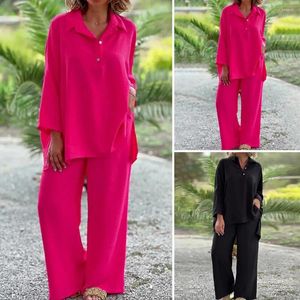 Pantaloni da donna a due pezzi abito a colori solidi set di camicia elegante con pantaloni a gamba larga a maniche lunghe a turno.