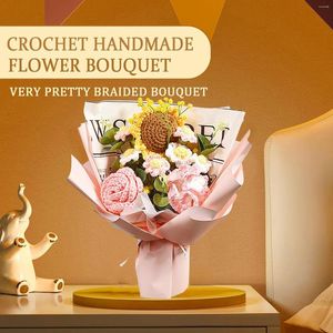 Decorative Flowers Handmade Knitted Bouquet Crochet Finished Artificial Flower Fake Sunflower Rose Daisy Gift