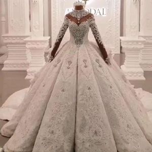 Dubai Applique Beaded 2020 Crystal Lace Ball Gown Wedding Dress High Neck Sheer Long Sleeve Hollow Back Vestido De Noiva Bride Dress