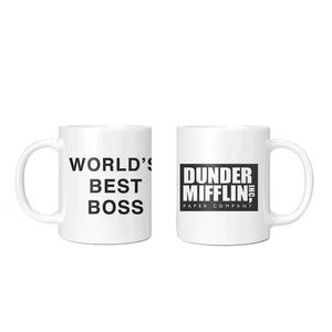 Mugs 1 new 350ml Dunder Mifflin Office Worlds Best Boss Coffee Cup Fun Ceramic Tea Milk Cocoa Cup Unique Birthday Gift J240428