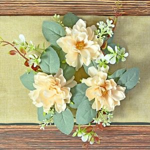 Decorative Flowers Seasonal Candle Ring Elegant Artificial Dahlia Wreath With Green Leaves Flower Garland For Home Wedding Party Table