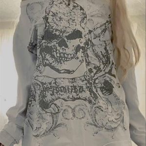 Combhasaki Womens Y2K Grunge Fairy Tops Fashion Halloween Long Sleeve Off Shoulder Skull Print Casual Street Party Fall T-Shirt 240409