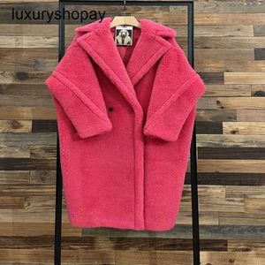 Maxmaras Coat Teddy Bear Womens Cashmere Coats ull vinter 2024 Ny silhuett Raspberry Red Fur Particel Camel Fleece Mi