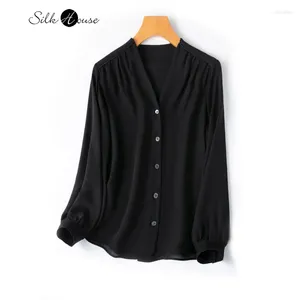 Women's Blouses 2024 Fashion Spring Black Single Layered V-neck Breasted Double Qiao Natural Mulberry Silk Top