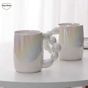 Tassen Perle weiße Kaffeetasse Keramik Tasse Ins Korean Blase Griff Kaffeetasse Frühstück Milk Juice Teetasse Mikrowelle Safe J240428