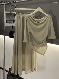 ワークドレスサマー2ピースセット2024女性用服半袖の不規則なトップハイウエストAラインスカート衣装ファッション韓国スーツ
