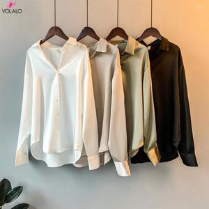 Women's Blouses VOLALO Silk Korean Office Ladies Elegant Shirt Blouse Women Fashion Button Up Satin Vintage White Long Sleeve Shirts Tops