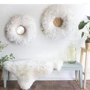 Decorative Figurines Feather Flower Wall Ornaments Natural Straw Crafts Mirror Hanging Pictures Aesthetic Room Decor Backdrop Display