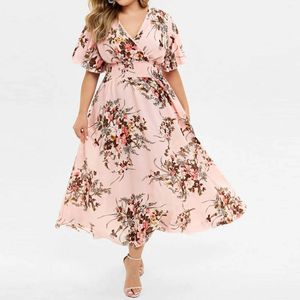 Summer Sexig Vneck Womens Beach Dress Plus Size Lose Fashion Floral Printed Butterfly Sleeve Midi Lady Wedding 240425