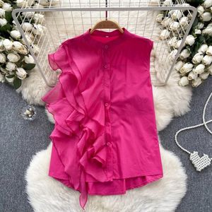 Blouses feminina Gagarich Camisa Mulheres Design Projeto de Multi-camada Ruffle Edge Splicing temperamento Stand Up Collar Botão Slim Fit Versátil Tampo Tanque