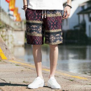 Summer National Style Linen Shorts Mens Fattening Plus Size 5 Beach Pants Loose Floral Trendy Men
