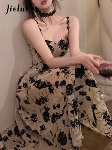 Jielur Summer Floral Strap Midi Dress Women Seveless Elegant Vintage Dress Invined Party Dress Korean Fashion 240410