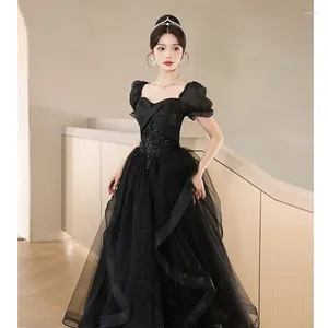 Party Dresses French Black Evening Dress Square Collar Princess Puff Sleeve Elegant Applique Cake A-Line Cocktail Gown