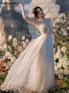 Bohemian V-Neck Paski spaghetti sukienki ślubne A-Line Applique koronkowe brzęczenie ślubne suknie ślubne szatę de Mariee