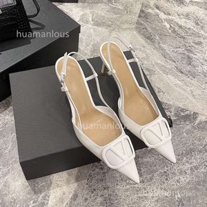 Heels 2024 Pumps Hollowed Designer Valentyno Metal Shoes High Shallow Heel Stud Vlogoo Leather High Version Buckle v Powder Pointed Out Single Women D0V2