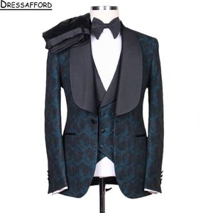 Eleganti uomini da festa serale formale si adatta a jacquard weave tre pezzi abbigliamento da sposo (giacca + gilet + pantaloni)