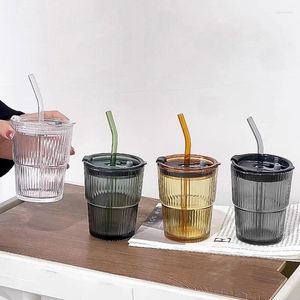 Wine Glasses 400ml Stripe Glass Cup Transparent With Lid And Straw Ice Coffee Mug Tea Juice Milk Water American Latte