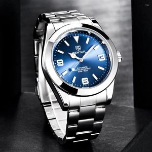 Armbandsur Benyar Men tittar på mekanisk automatisk blå klocka 50m vattentätt rostfritt stål affärslysande armbandsur