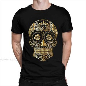 T-shirt maschile camicie teschi di zucchero messicano Funny 2022 Nuova maglietta di arrivo Gold Sugar Skull Ts Oversize Cotton for Men O Neck Shirt Plus Times T240425