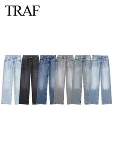 TRAF Women Fashion Blue Denim Jeans سراويل طويلة سراويل طويلة متعددة الاستخدامات مع سحاب معدني مستقيم بو فإن بنطلون شارع الشارع 240425