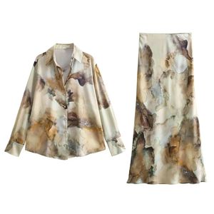 Zach Ailsa Spring Product Womens Tie Dyed Silk Satin Texture Shirt Fashion High Waist Skirt Casual Set 240412