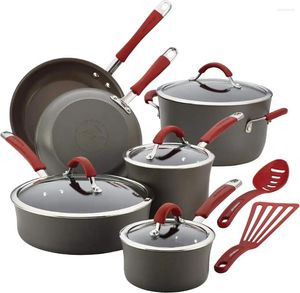 Cookware Sets Hard Anodized Nonstick Pots And Pans Set 12 Piece Gray With Red Handles