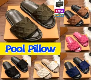 With Box Pool Pillow Flat Comfort Slippers Embossed Mules Designer Slides With Box Womens shoes Summer nylon Cool luxury Slipper S9021266