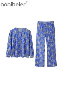 Aonibeier Thin Printed Women Loose Shirt Wide Pants Suits Traf Summer Long Sleeve O Neck Button Blue Female Set Y2K 240423