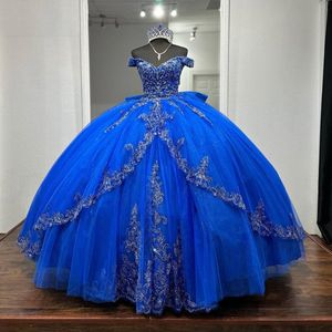 Blue Princess Quinceanera klänningar charmiga av axelapplikationer pärlor tull korsett upp bollklänning söt 16 födelsedag vestido 15 de