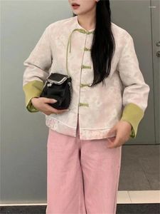 Jackets femininos de estilo chinês Mulheres rosa verde jacquard placa fivela casaco primavera 2024 ladies o-gola longa manga longa jaqueta elegante