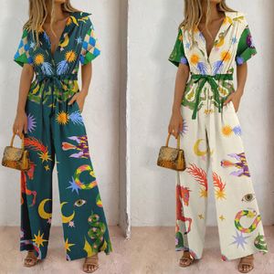 Street Style Womens Printed Cotton Pants Jumpsuit High Waist Casual Pants 240424
