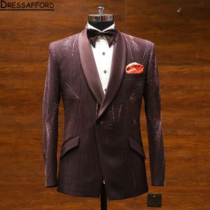 Burgundowe 2 sztuki Panto Blazer Pants Men Suits Glitter Cequined Tuxedo High Fashion Wedding Prom plus Size Custom Made