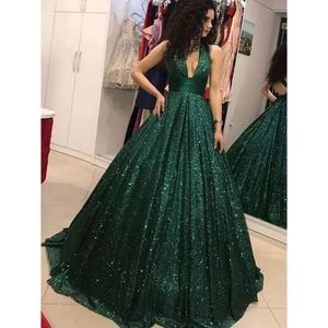Prom Glitter Dark Green Sequined Dresses Sexy Backless Deep V-Neck Long Formal Party Evening Gowns Charming Sparkly Special Ocn Wear For Women