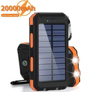 Cell Phone Power Banks 20000mAh solar battery pack outdoor portable charger Powerbank waterproof external battery dual USB charging with LED lights J240428