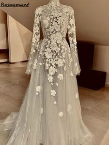 Real Image Illusion High Neck A-Line Wedding Dresses Long Sleeve Floral Appliques Lace Bridal Gowns Robe De Mariee