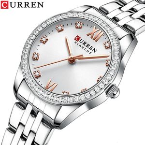 Curren edle Kleid Uhren für Frauen Edelstahl Banduhr Weibliche Strass Zifferblatt Schlanke Armbanduhren Damen 240425