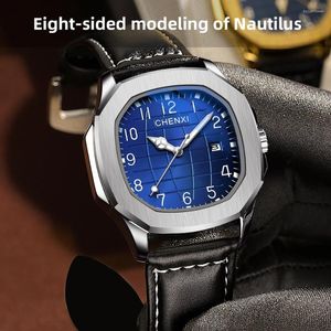 Armbanduhr Chenxi Männer Leder Hollow Out Quarz Uhr Luminous Date Square Watch hochwertige Luxus -Freizeitmann -Armbanduhr 2024