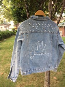 Custom Embroidered Jean Jackets Women Party Personalization Mrs Names Embroidered Pearl Denim Jacket Bridal Personalized Wedding 240416