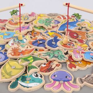 Montessori Wooden Fishing Toys for Children Magnetic Marine Cognition Games Fish Games Parent-Child Interactive Educational Toy