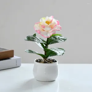 Flores decorativas Simulação de cabeça única Camellia Flower Bonsai