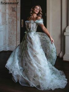 Elegant Floral Printing Belt A-line Wedding Dresses Off The Shouler Pleat Bridal Gowns Robe De Mariee