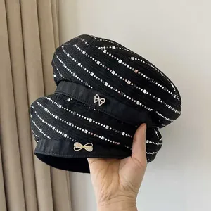 Berets Summer Thin Sequined Women Beret Cap Korean Breathable Fashion Temperament Retro Bud Line Painter Hat