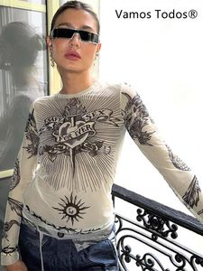 Y2k Aesthetic Punk Clothes Graphic Tees Women Gothic Fashion Full Sleeve Woman Tshirts See Through Streetwear Egirl Tops T Shirt 240412