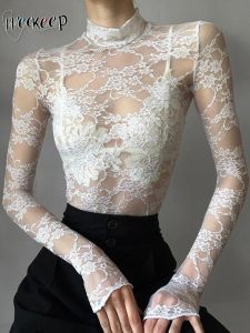 T-Shirts Weekeep Elegant Chic White Lace T-Shirt Vintage Y2k Turtleneck Vollhülse Transparent Crop Top Slim Fit Shirt Ladies Fairycore