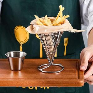 Kitchen Storage Fries Basket Potato Chip Holder Metal Stand With Cup Cone Fry Sauce Dipper For Appetizers