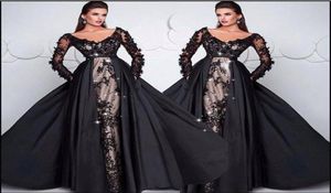 2019 Deep V Neck Black Вечерние платья съемные юбки кружевную аппликацию элегантное вечернее платье с формальным платьем 20184970266