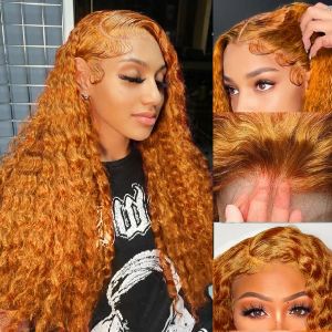 Wigs Ginger Ginger Curly Pizzo Front Wig Capelli umani con capelli per bambini per donne nere brasiliane Orange Deep Wave Wigs 1630 pollch 1630 pollch