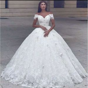 Arabic Ball Wedding Sweetheart Dresses Off Shoulder D Flowers Beaded Pearl Lace Princess Floor Length Puffy Plus Size Bridal Gown